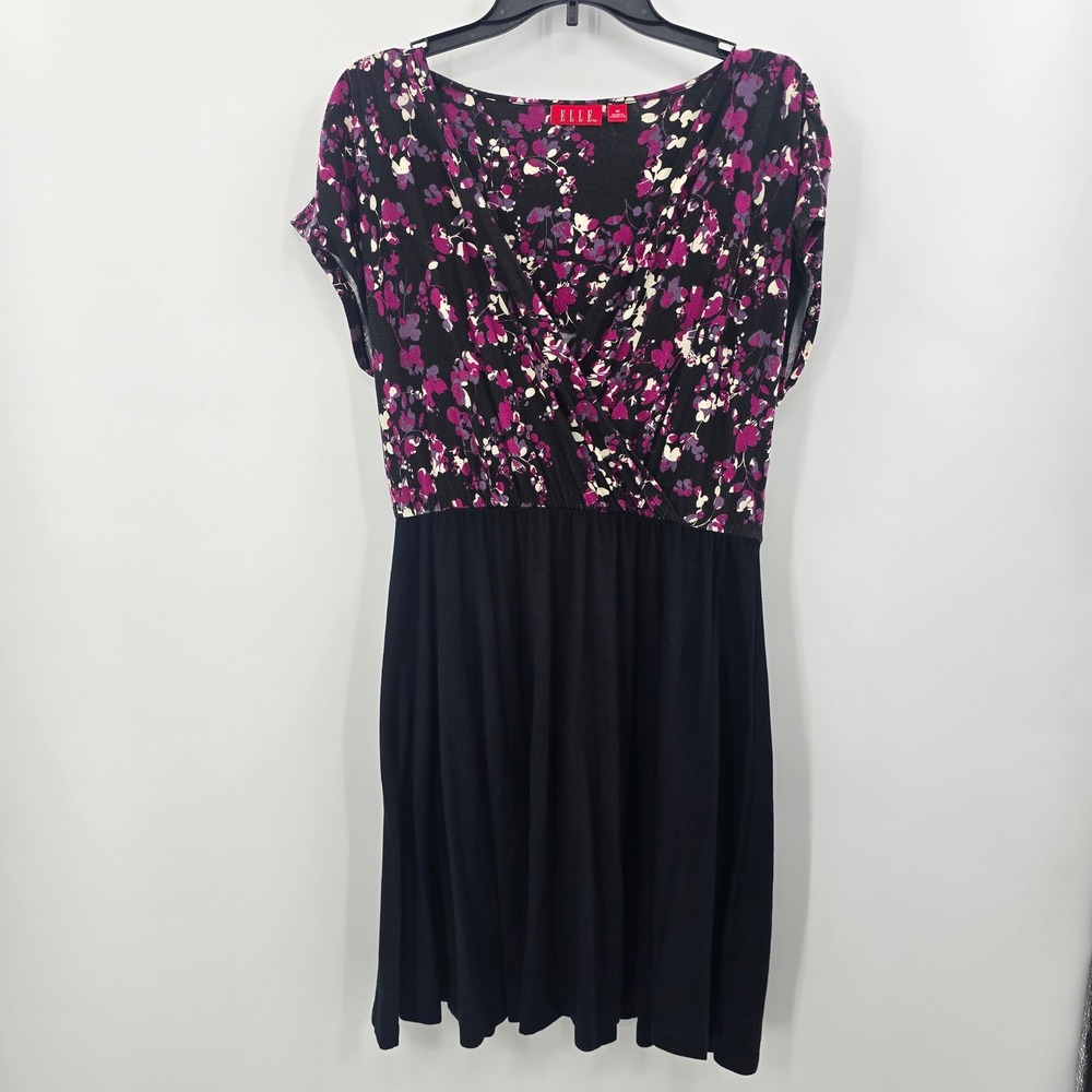 ELLE Womens Floral Faux Wrap Dress Purple Black Pima Cotton‎ Modal Size M